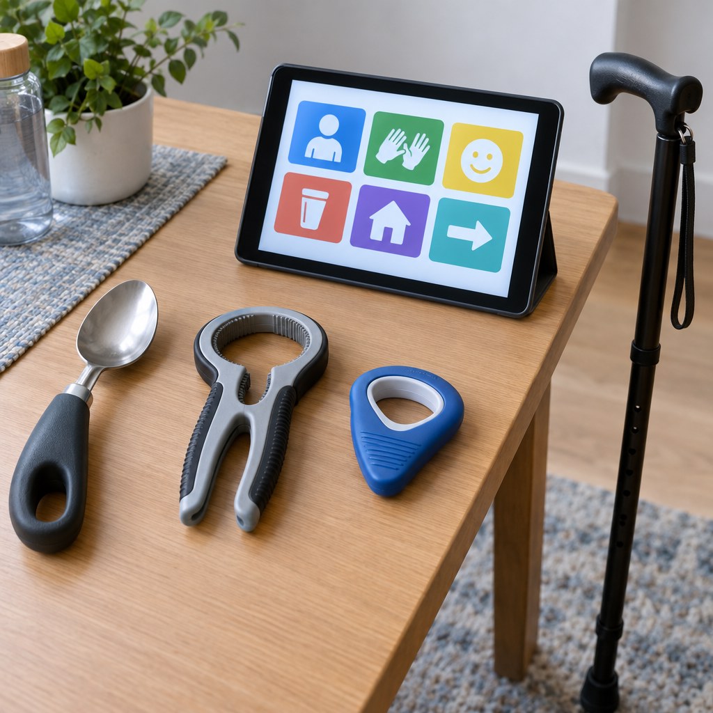 Adapted utensils, jar openers, a communication tablet and walking cane.