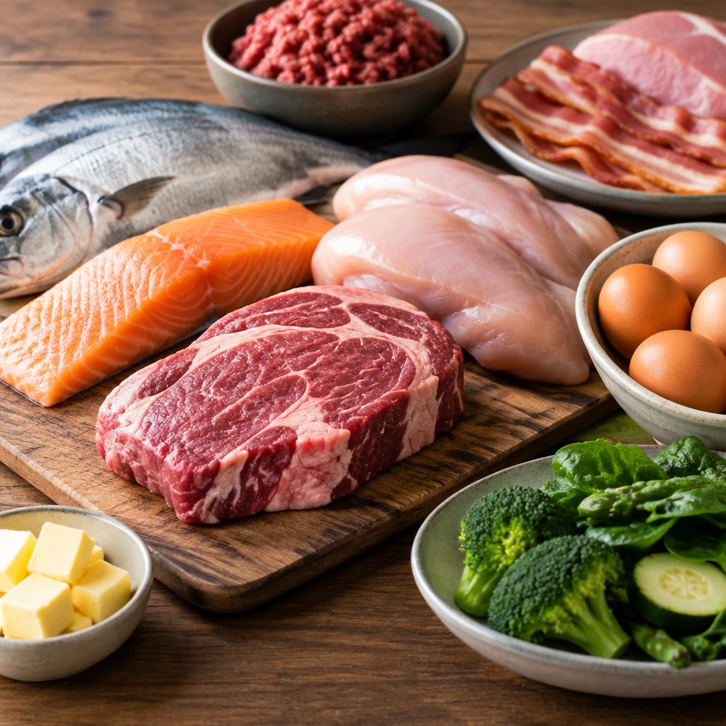 Fish, meat, eggs and other ingredients illustrating animal-focused eating patterns.