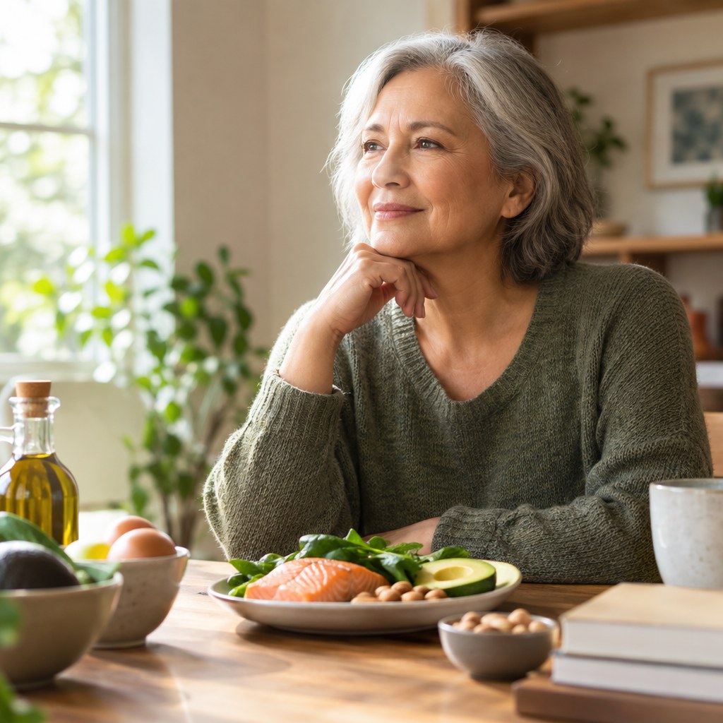 Older woman with a prepared meal.