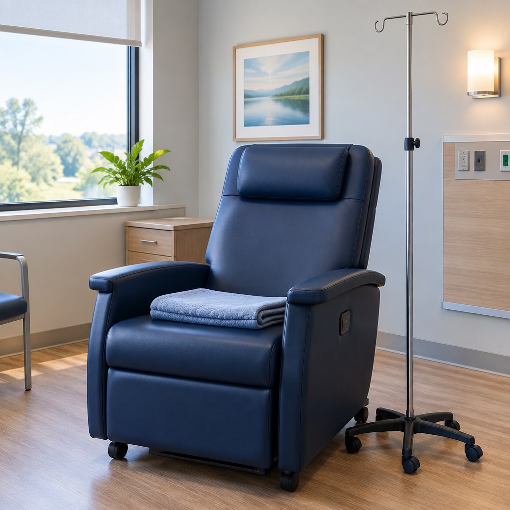 Empty treatment chair beside an IV pole in a bright clinic room.