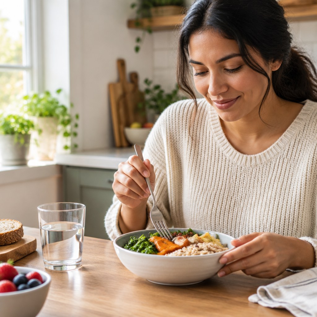 Woman considering a plate of food at a dining table.