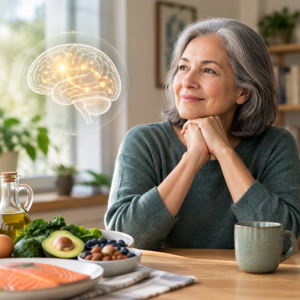 Older adult seated with food at a table.