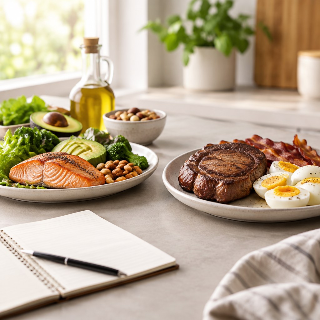 Two plates comparing a varied low-carbohydrate meal with an animal-food meal.