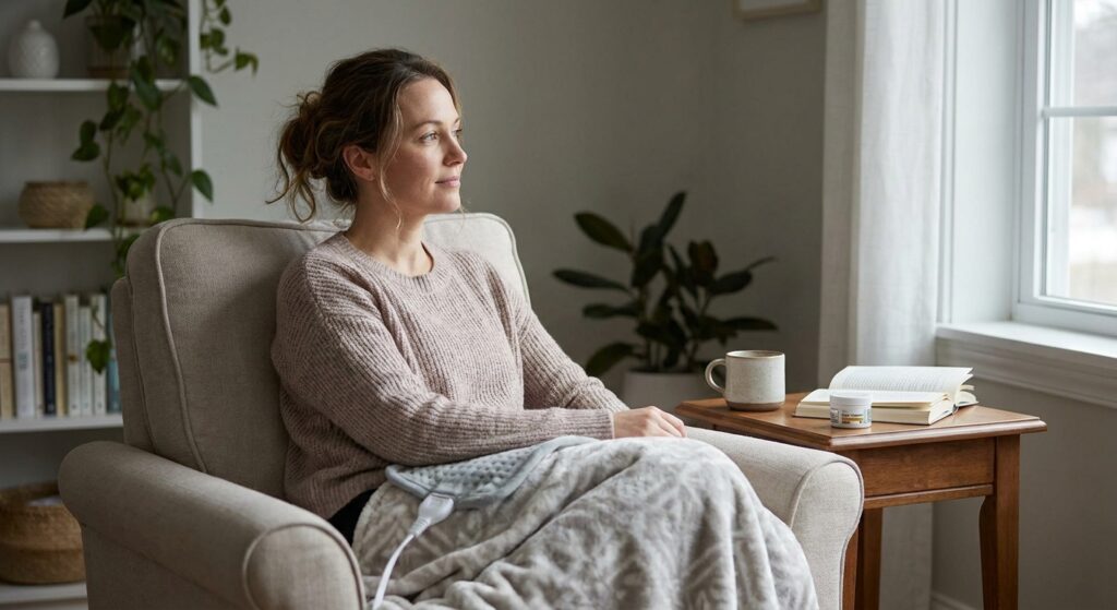 Woman resting in an armchair under a blanket beside a window.