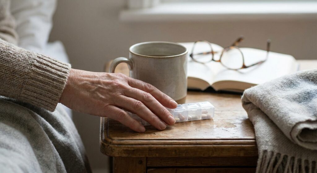 Hand resting beside a mug, medicine blister pack, book and glasses.