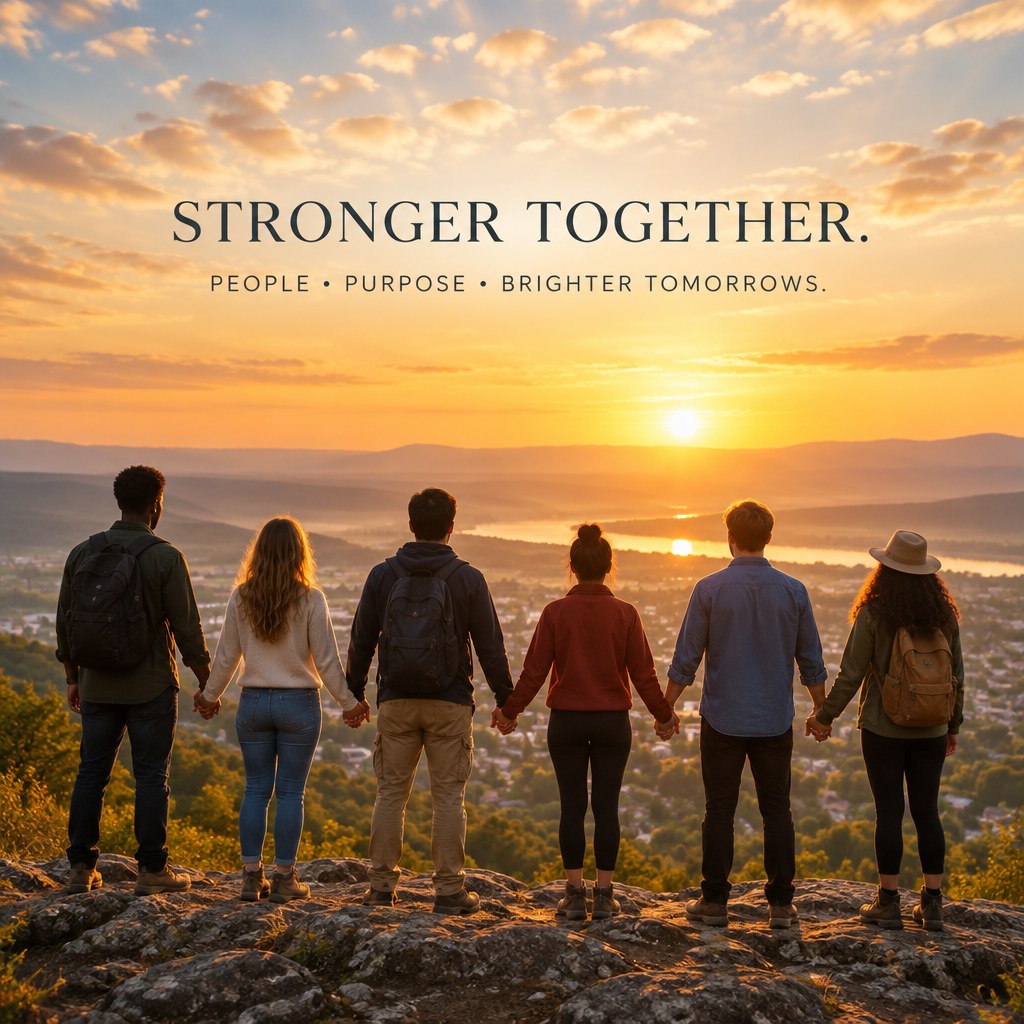 A diverse group of people holding hands while facing a hopeful sunrise, representing unity and support