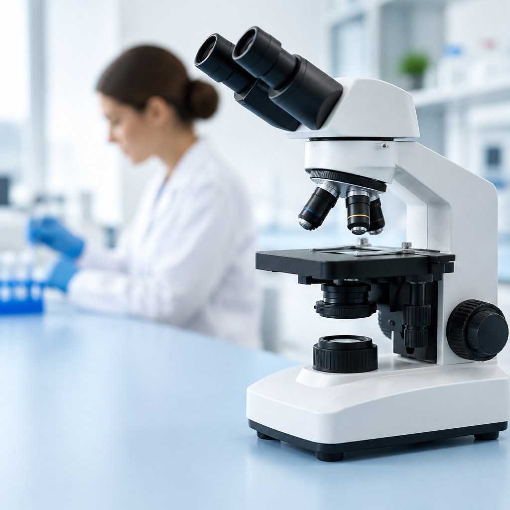 Microscope on a laboratory bench with a scientist in the background.